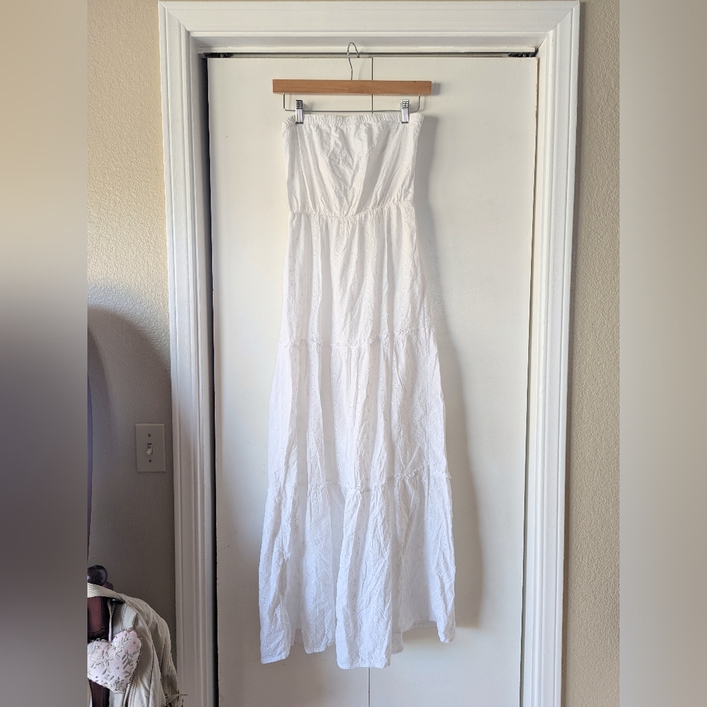 White Eyelet Cotton Maxi Tube Dress